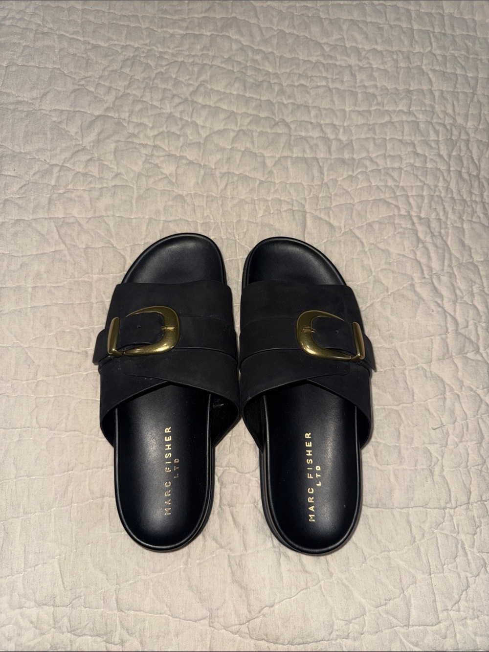 Marc Fisher Black Slide Sandals with Oversized Gold Buckles